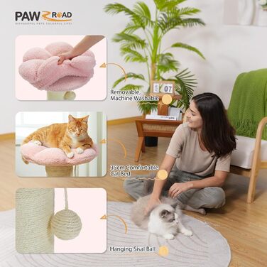 Flower Cat Tree - Small Cat Tree for Indoor Cats with Super Thick Scratching Post [Dia=14cm], Detachable Flower Cat Bed, Feather Ball - Pink