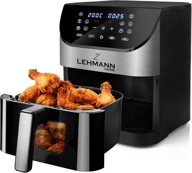 Електрична фритюрниця LEHMANN 6L з прозорим вікном, 1500 Вт, 12 програм, регулювання температури 76-200°C, таймер, LED-дисплей, фритюрниця без олії для приготування на грилі, випікання та смаження