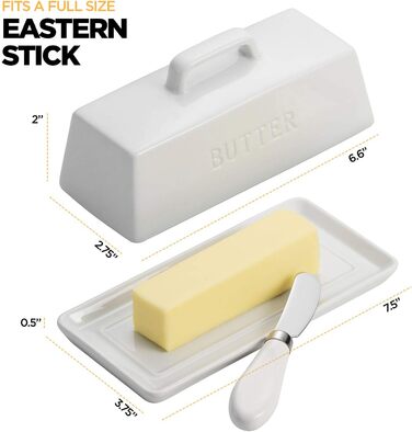 Ceramic Butter Dose Set with Lid and Knife, Decorative Butter Stick Holder with Handle for 1 Butter Stock, Microwave Safe, Dishwasher Safe, Includes Anti-Scratch Sticker