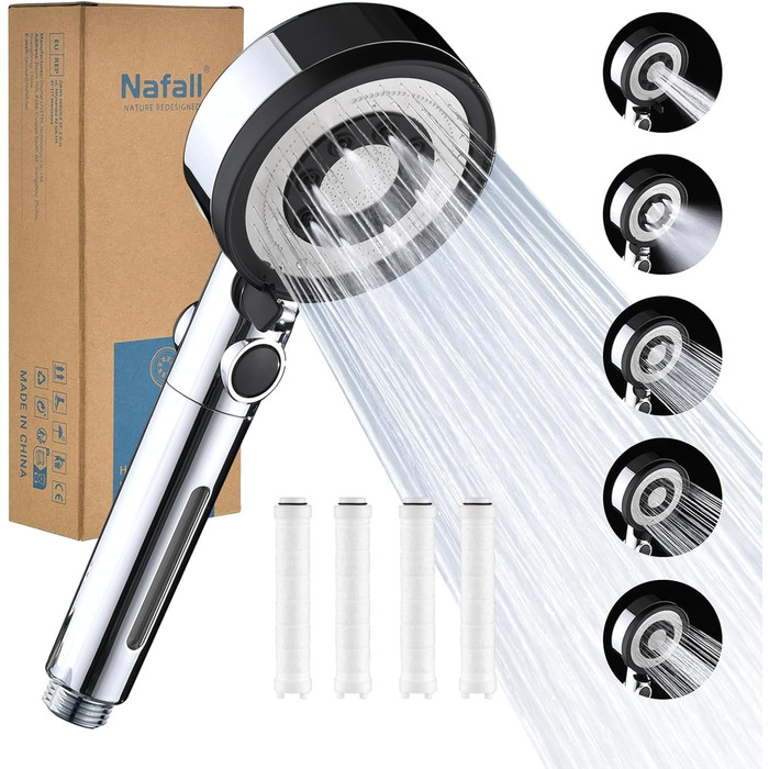 Nafall Shower Head with Filter - High Pressure Handheld Shower Head with Water Saving Design and 1.5M Hose, Shower Head with 5 Spray Patterns and Stop Function, Shower Head with Hose, Chrome (Chrome with 4 Filters)