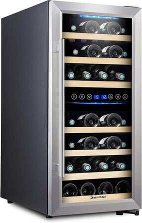Kalamera 33-Bottle Wine Refrigerator with Dual Zone Cooling, Stainless Steel Door, 100 Liter Capacity