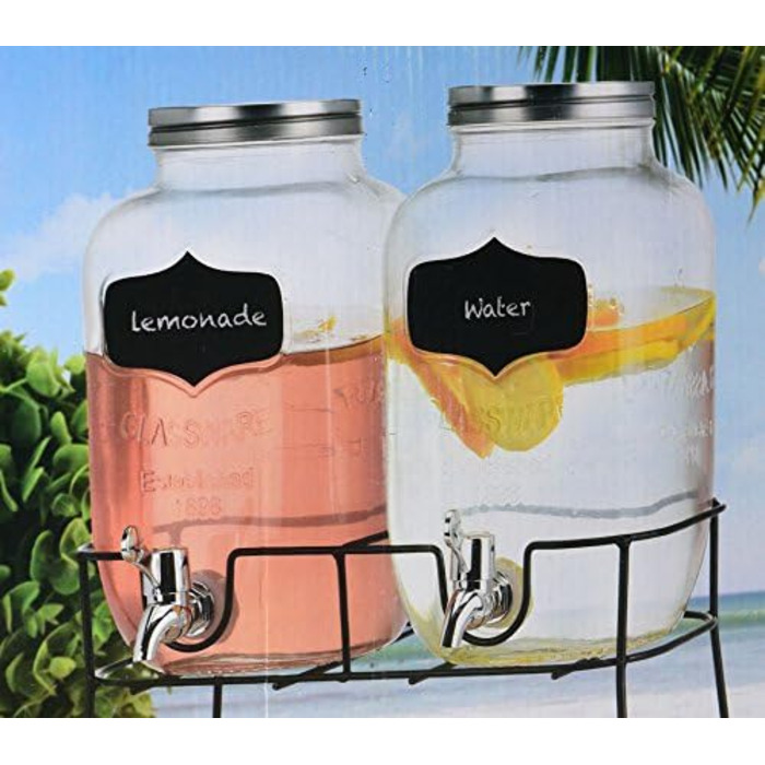 Beverage Dispenser Set - 2 x 4L Glass Jars with Tap and Stand - Juice Dispenser Water Dispenser