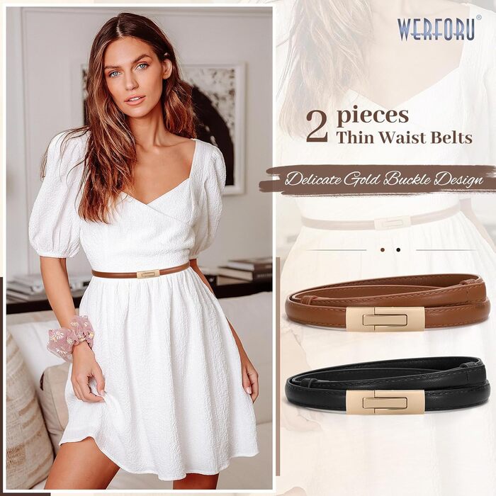 Жіночий шкіряний ремінь WERFORU - тонкий, регульований, з декоративною золотистою пряжкою, чорний+коричневий, довжина 105 см, розмір талії до 93 см