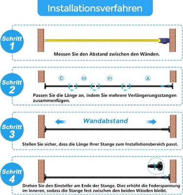 Штанга для штор без свердління AIZESI 100-230 см, Ø 25 мм, телескопічна - для вікон, душу, балкону (чорний)