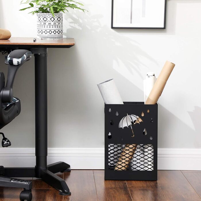 SONGMICS Metal Umbrella Stand with Water Tray, 4 Hooks, Cutout Design - Black for Entryway & Office