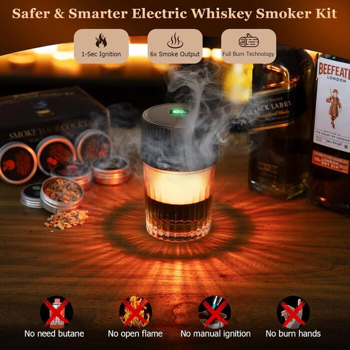 Електричний набір для копчення коктейлів з 4 режимами підсвічування, перезаряджуваний, для віскі, 6 дерев'яних стружок, без бутану, подарунок для чоловіків, батьків, коханих FY01