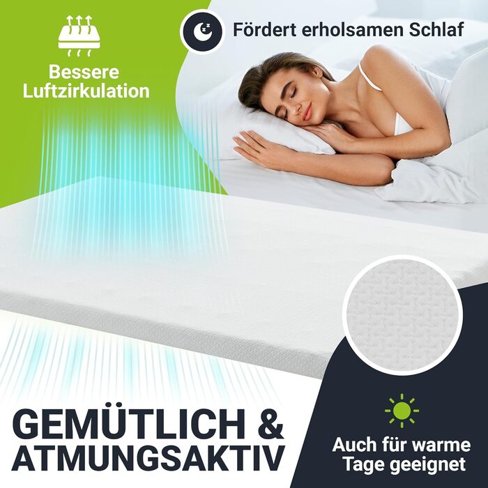 Juskys Topper 180x200 cm Memory Foam Topper, 7-Zone Orthopedic & Breathable, 7cm Height, H2 - H3 Firmness, Washable Cover - Mattress Topper, Mattress Pad