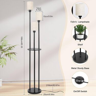 Стійка лампа Winverty для вітальні з полицею, 3 лампи, вінтажний стиль, чорний колір