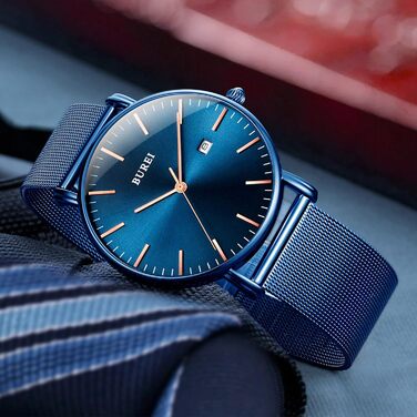 Годинник чоловічий BUREI, мінімалістичний, кварцовий, водонепроникний, ультратонкий. Чоловічий подарунок. (Цілком синій)
