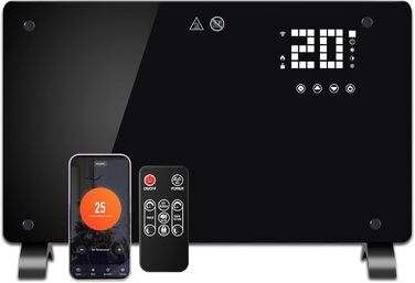 Конвектор DONYER POWER 2500W з Wi-Fi, чорний, з таймером та пультом керування, скло, настінний/підлоговий