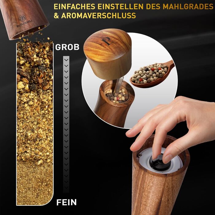 Набір з 2 мельниць для солі та перцю з дерева акації з регульованим керамічним жорном | Мельниці для спецій, преміум якість