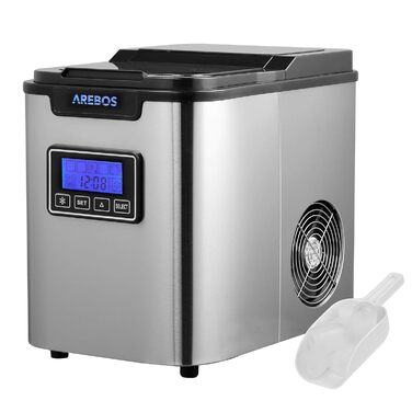 Машина для приготування льоду Arebos | 12 кг/24 год | Швидке виробництво (10-15 хв) | 3 розміри кубиків | 2.2 л резервуар | Таймер, LCD дисплей, самоочищення