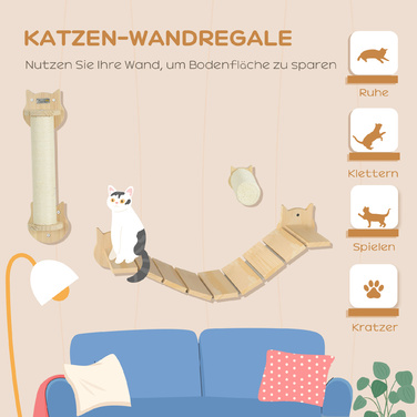 PawHut Комплект для котячого лазіння, 3 штуки, котячі меблі з когтеточкою, платформою, драбиною, когтеточка на стіну для котів до 5 кг, з натурального дерева (сосна) | Aosom