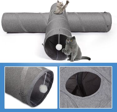 Cat Tunnel Toy, 4-Way Collapsible Cat Tunnel for Indoor Cats, Interactive Peek Hole, Pet Tunnel with Cat Wand Toy