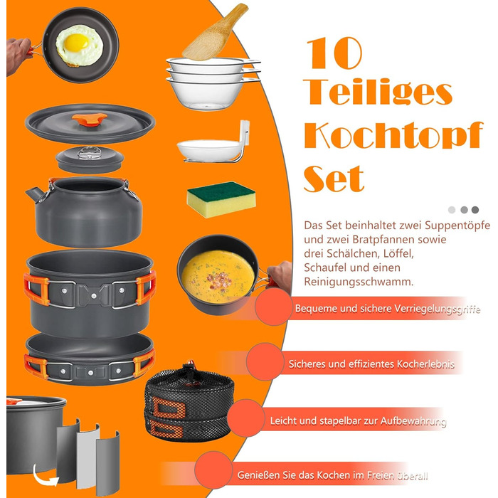 Набір кухонного посуду для кемпінгу, 10 предметів. Набір посуду для приготування їжі на відкритому повітрі, для 2-4 осіб. Плита, сковорода, чайник для пікніків, BBQ та походів