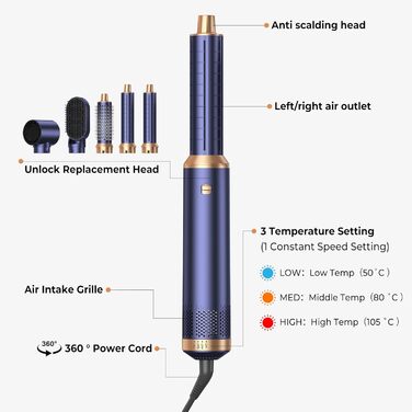 Фен-щітка 5 в 1 Airstyler Pro 1000W з регулюванням напрямку повітря, іонізація, для створення об'єму, локонів та укладання волосся, Blaugold