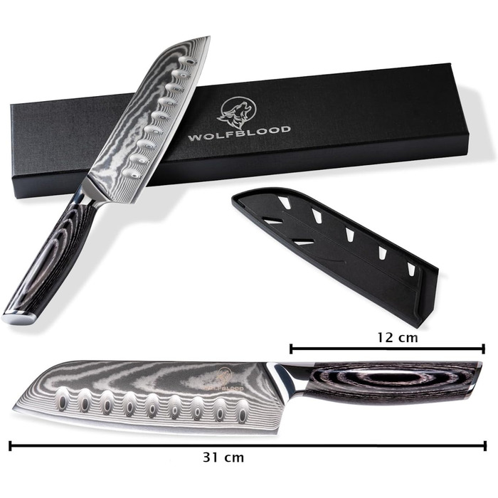 Професійний кухонний ніж Santoku Wolfblood PRO XL 31 см з 67-шарової дамаської сталі з дерев'яною ручкою, подарункова коробка та чохол