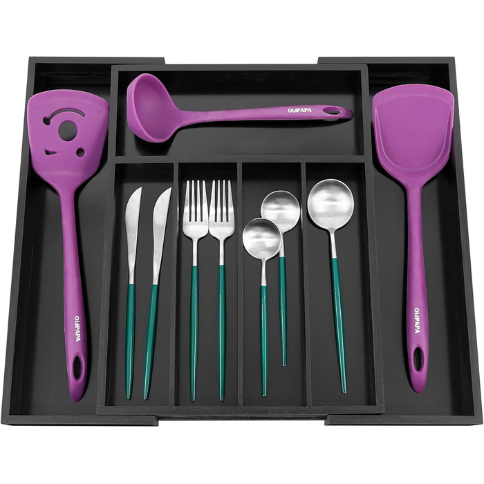 Органайзер для столових приладів Utoplike з бамбука, розширюваний, для кухні та офісу, чорний (5-7 секцій)