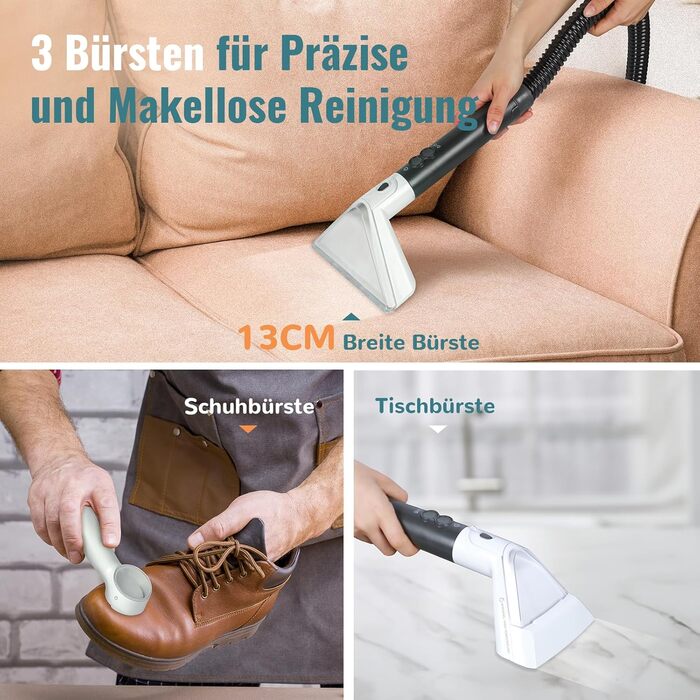 Пилосос для м'яких меблів з пароочищувачем, 17000PA, чорний. Апарат для чищення м'яких меблів з функцією гарячої води та високої температури, вбудованим резервуаром для води, 3 насадки, функція точкового очищення