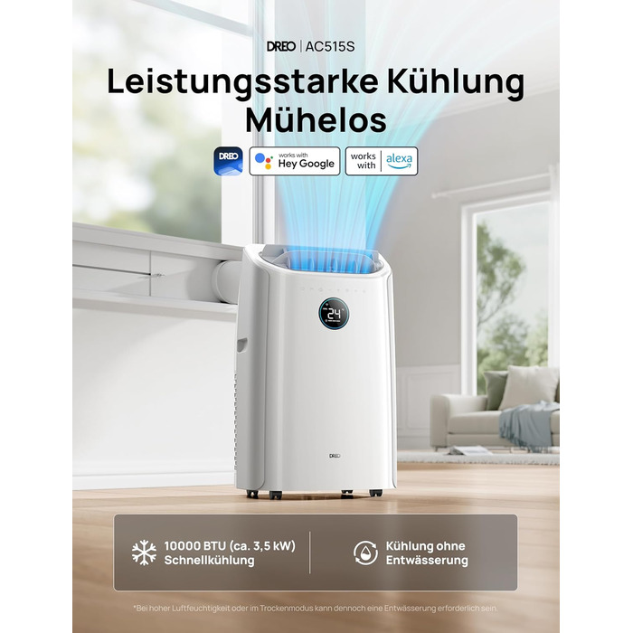 Мобільний кондиціонер Dreo 10000 BTU з охолодженням без дренажу, керуванням через додаток/голос/пульт, таймером 24 год та функцією вентилятора/зневожувача, AC515S