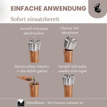 Мельниця для солі та перцю LORELEY® Mittelrhein Germany з дерев'яним корпусом та керамічним механізмом – з підставкою та пензлем – подарункова упаковка | Подарунок на весілля/новосілля (преміум нержавіюча сталь)