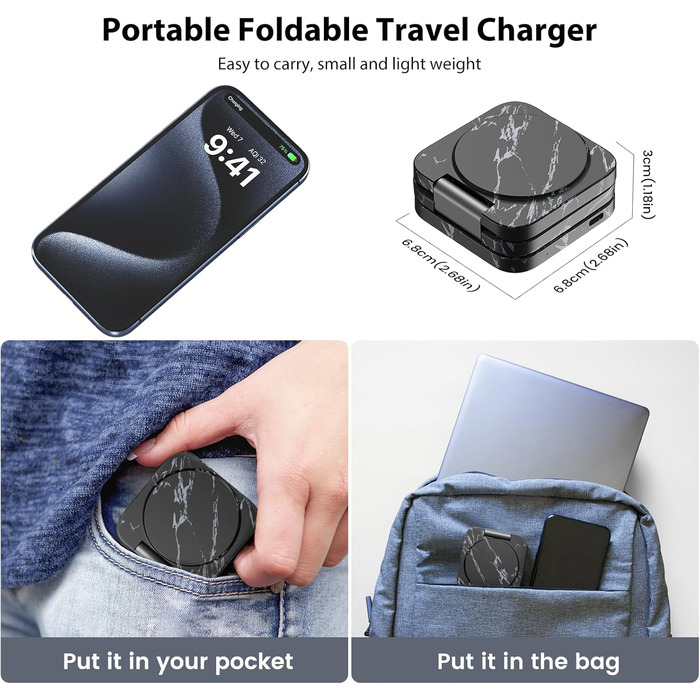 Зарядний пристрій KU XIU X55 Turbo Qi2.2 25W Magsafe 3-в-1 для Apple Watch, iPhone 17-12 та AirPods, складаний, магнітний, з адаптером 45W (Чорний мармур)