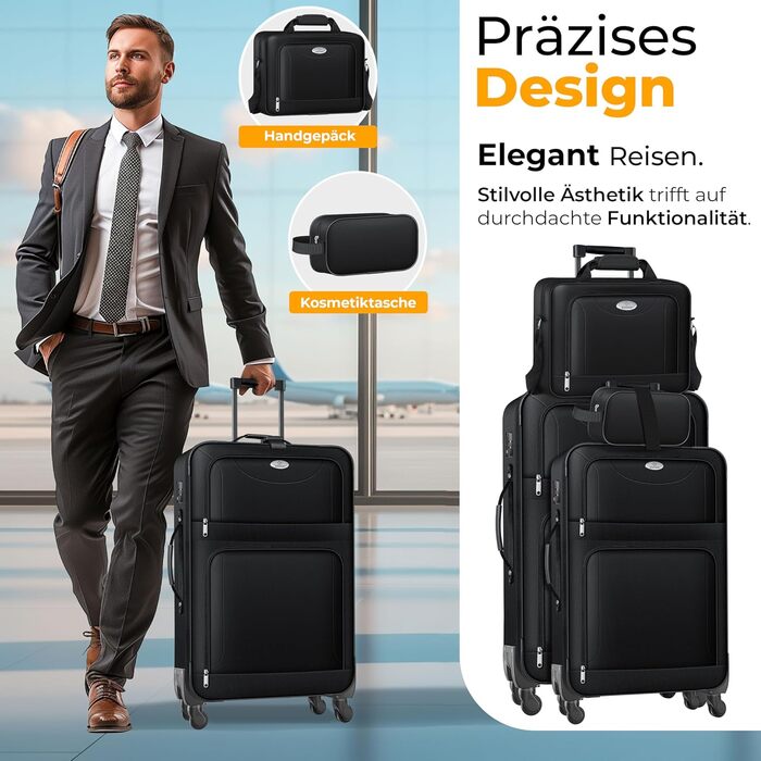 Набір валіз KESSER® 4-в-1 | Чотири валізи з тканини з TSA-замком, 360° колесами та телескопічною ручкою | Косметичка, ручна валіза та великі валізи для подорожей та бізнесу (Чорний)