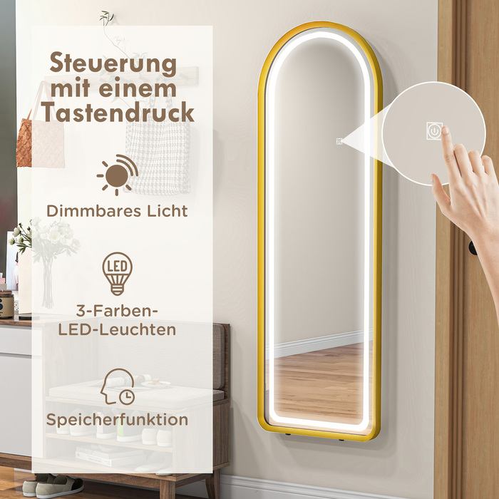 Дзеркало для всього тіла HOMCOM з LED-підсвіткою, регульованою яскравістю, настінне та напольне дзеркало, дзеркало для гардеробної з сенсорним вимикачем, золото, 47x146 см