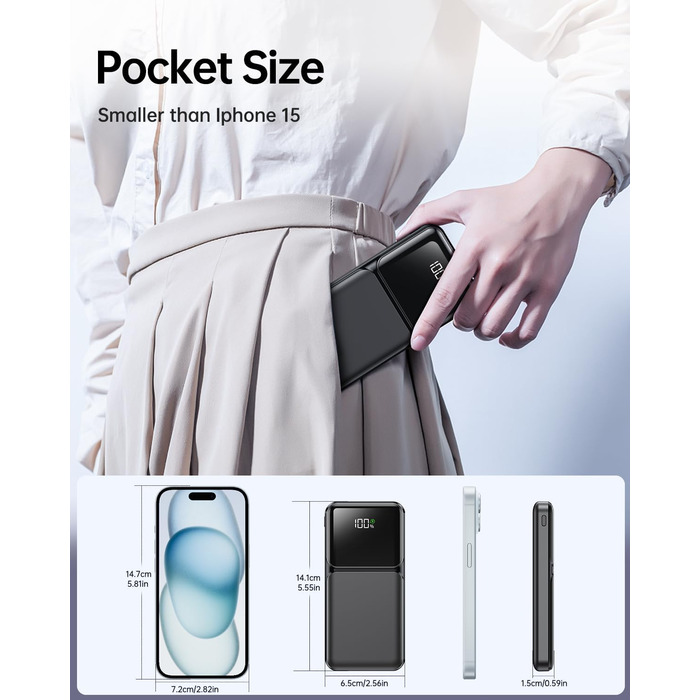Power Bank 15000mAh з 4 кабелями, портативний зарядний пристрій 22.5W PD20W USB-C для iPhone, Samsung, Huawei та інших пристроїв. LED-індикатор.