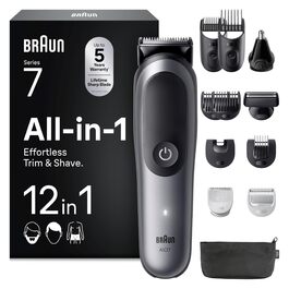 Braun Series 7 All-in-One 12-в-1: Триммер для бороди, носа, волосся (обличчя, тіла, голови) AIO7545, сірий, акумулятор 120 хв, 14 насадок (0.1-21 мм), водонепроникний