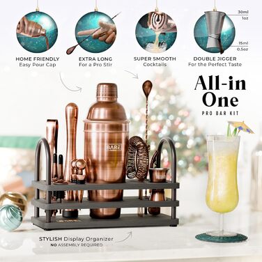 Набір бармена BARE BARREL® з 14 предметів: шейкер, аксесуари для приготування коктейлів, шейкер Cobbler 24oz, 35 рецептів, подарунковий набір