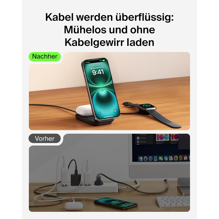 Belkin UltraCharge Qi 2.2 Зарядна станція 2-в-1 25W MagSafe сумісна, бездротова зарядка для iPhone 17, iPhone Air, AirPods, Pixel – Чорний