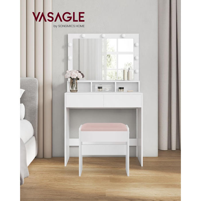 VASAGLE туалетний столик з дзеркалом, білий, з LED підсвіткою, відділенням для зберігання, регульованими полицями, висувною шухлядою та пуфом, сучасний дизайн
