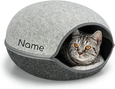 Lionto Cat Cave made of robust felt, cozy cuddle cave with zipper, 46x38x24 cm, comfortable and modern cat bed with soft and washable cushion, grey (with name tag)