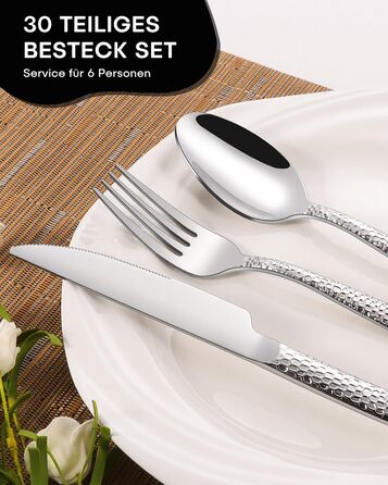 Набір столових приборів Honkku для 6 осіб, 30 предметів, чорний, з нержавіючої сталі, з обробленим ручним молотком, миється в посудомийній машині