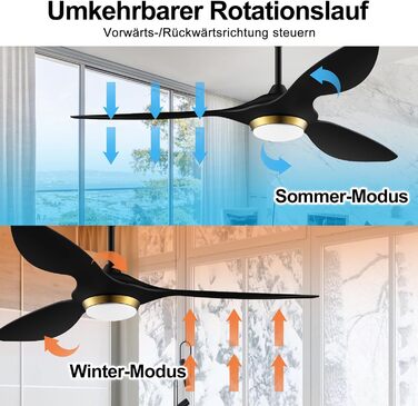 Стеляний вентилятор Reiga з підсвічуванням та пультом керування, 132 см, тихий реверсивний двигун, 6 швидкостей, таймер, регулювання яскравості та 3 колірні температури, коричневі лопаті (чорно-золотий колір)