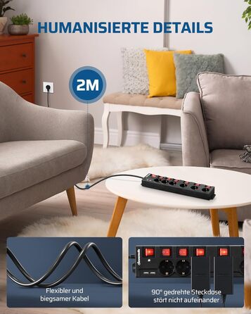 Мережевий фільтр DEWENWILS з USB, 6 розеток, індивідуальне вмикання, захист від перевантаження, дитячий замок, поворот на 90°, (2м, чорний)