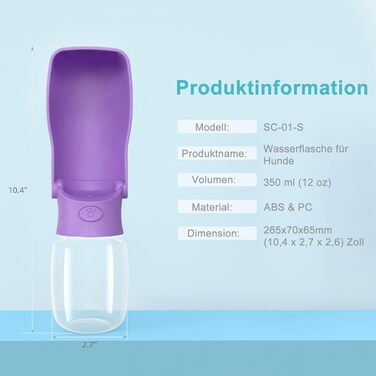 Водяна пляшка для собак на прогулянку 350мл/570мл. Водяна пляшка для цуценят, маленьких, середніх та великих собак. Зручна водяна пляшка для собак, щоб пити в дорозі (Lila)
