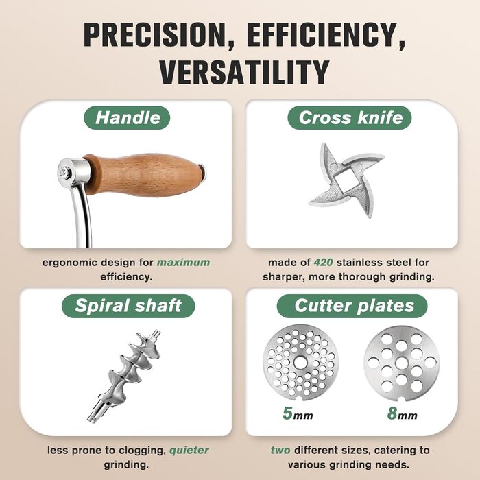 М'ясорубка ручна Huanyu з нержавіючої сталі, насадка для ковбас та печива, миється в посудомийній машині, для яловичини, свинини та овочів (№8)