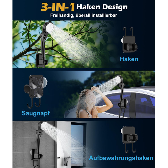 Портативна душова кабіна WADEO з акумулятором, помпою та підсвічуванням, 120 хвилин роботи, LED-ліхтар, мобільний душ-сет з 2м шлангом, душовою насадкою, тримачем та відром для саду, миття автомобіля, домашніх тварин, пляжу, подорожей (Блакитний, з відром