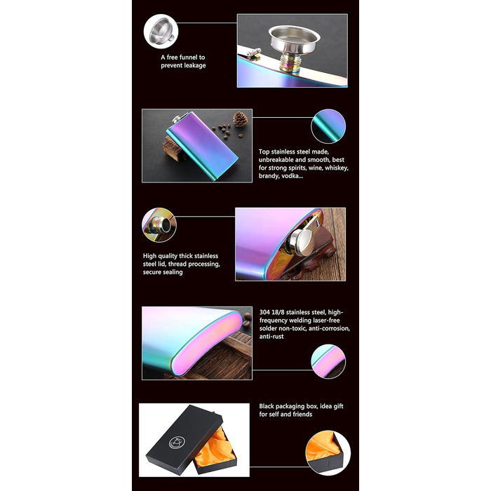 Фляга TANEAXON з воронкою та коробкою, нержавіюча сталь, не протікає (Райдужний колір, 355 мл)