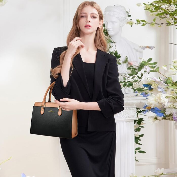 Стильна жіноча сумка-шопер Kurgool з натуральної шкіри: двоколірна, з ручками, чорно-коричнева