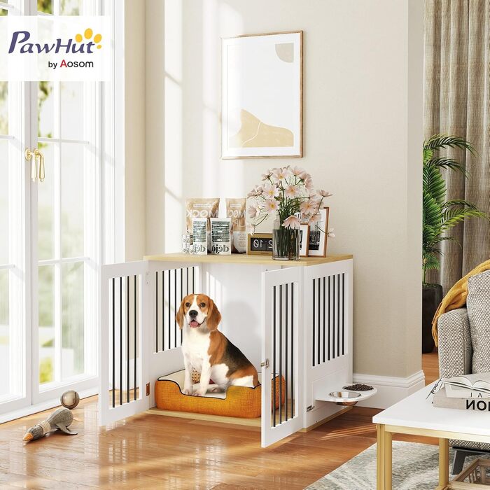 Клітка для собак Pawhut з приставним столиком, біла, для середніх собак, з поворотними годівницями