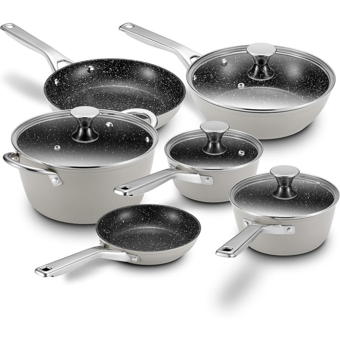 Набір каструль та сковорідок BEZIA, 10 шт., з антипригарним покриттям, сумісний з усіма плитами, сірий