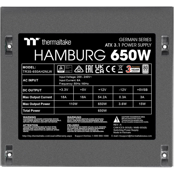 Блок живлення Thermaltake Hamburg 650W ATX 3.1 PCIe 5.1 80 Plus White German Series
