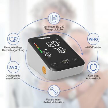 Тонометр Vimmk на плече, цифровий, для вимірювання артеріального тиску, LED-дисплей, виявлення аритмії та вимірювання пульсу, пам'ять на 2x120 показників, манжета 22-40 см, чорний