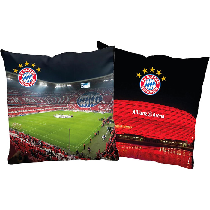Двостороння подушка FC Bayern München Allianz Arena 40x40 см – футбольний декор для дивана та ліжка, фанатський аксесуар, ідеально до постільної білизни ФКБ