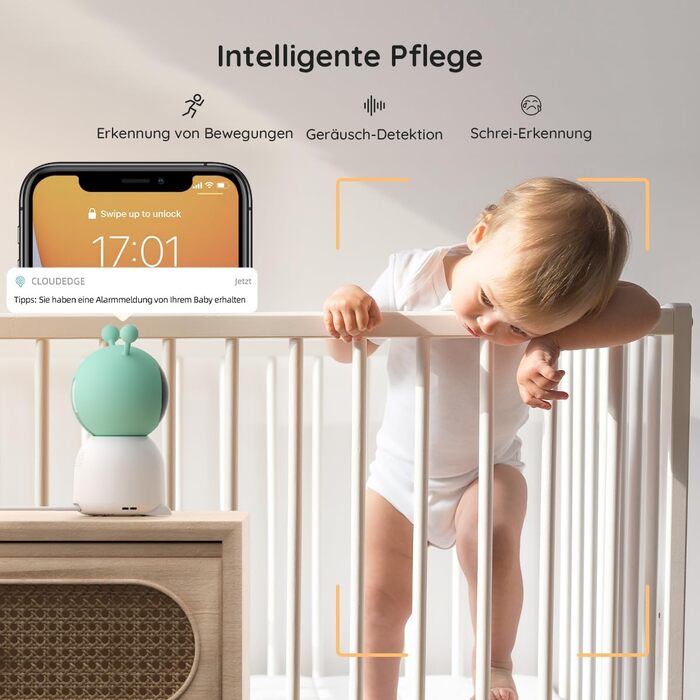 BOIFUN Додаткова камера для дитячого монітора 6T - 2K WiFi, Нічне світло, Розпізнавання руху, крику та звуку, AI Auto-Tracking, Датчик температури та вологості, Запис та відтворення відео