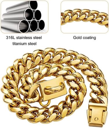 Нашийник для собак Кубинський стиль, нержавіюча сталь, ширина 14 мм, ланцюжок, довжина 26/31/36/41/46/51/56/61 см, золотий, для цуценят, собак маленьких та середніх порід