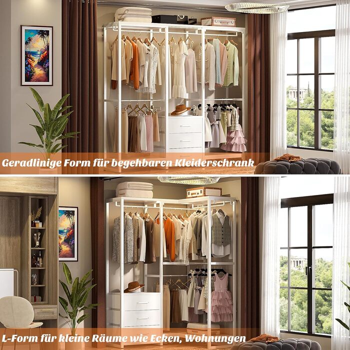 Кутовий вішак для одягу iSunirm L-подібний, білий freestanding шафа-система з шухлядами та міцною конструкцією